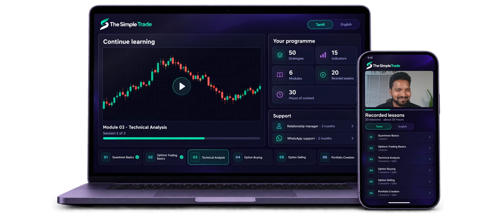 The Simple Trade app on a laptop and a phone: the programme home with 50 strategies, 15 indicators, 6 modules, 20 recorded sessions and 30 hours of content, and the recorded lessons in Tamil or English