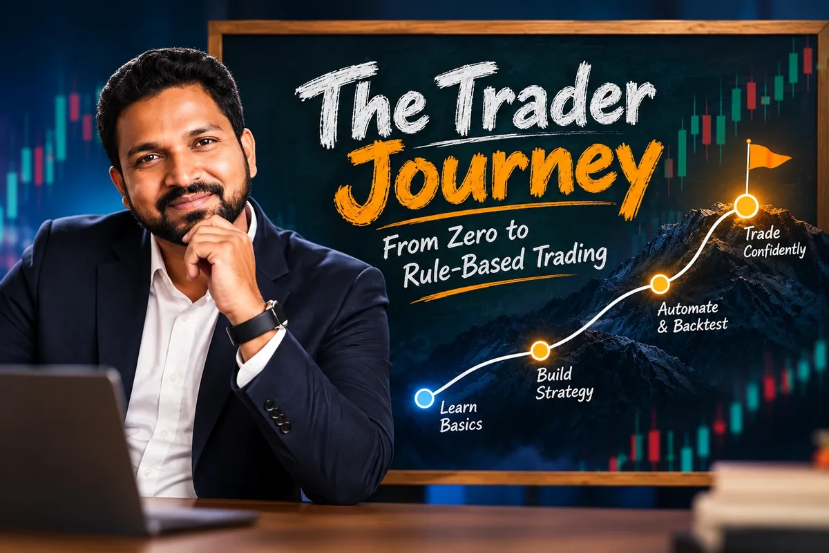 The Trader Journey — from zero to rule-based trading, with Dharanidharan beside a chalkboard showing the four stages